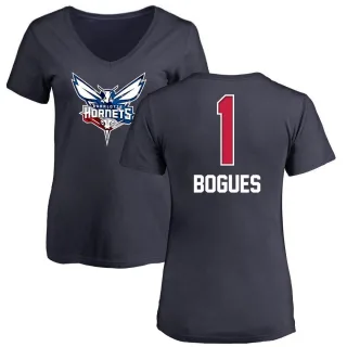 Women's Charlotte Hornets Muggsy Bogues Navy Name and Number Banner Wave V-Neck T-Shirt